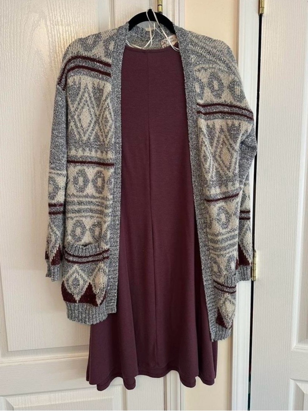 Cozy Open-Front Fair Isle Cardigan in Gray and Burgundy